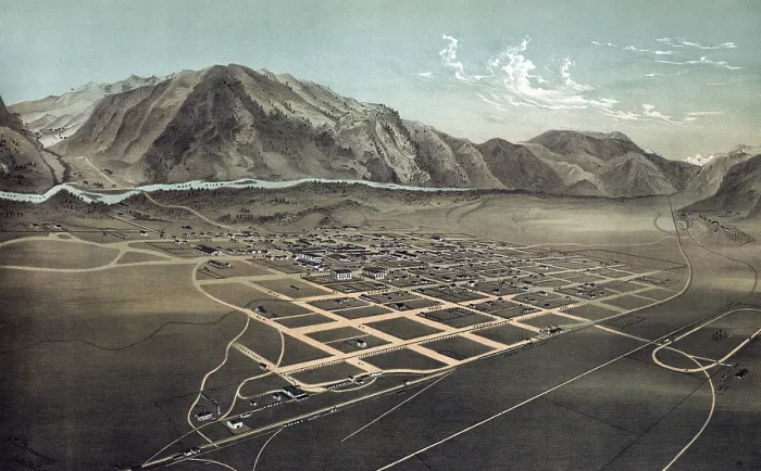Framed Print : Aerial view of Wood River Valley with Hailey in the foreground. Color lithograph, 1884