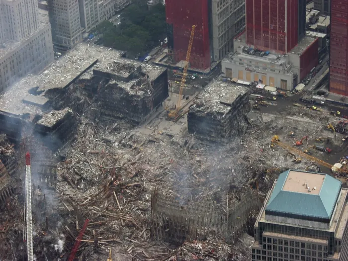 Framed Print : Aerial view of World Trade Center from the southwest, Sept. 27, 2001. At lower right is World Financial Center 1