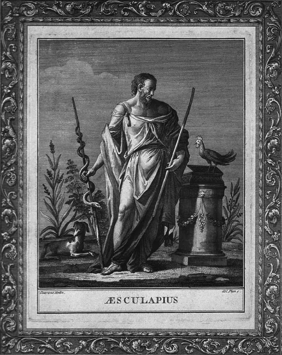 Framed Print : Aesculapius, Greek god of medicine with wearing Grecian robes, and holding a staff with coiled serpent. Homer mentions him as a skillful physician in the ILIAD Framed Print : Aesculapius, Greek god of medicine with wearing Grecian robes, and holding a staff with coiled serpent. Homer mentions him as a skillful physician in the ILIAD