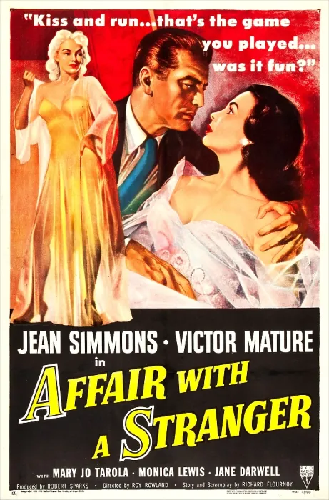 Framed Print : AFFAIR WITH A STRANGER, US poster, from left: Monica Lewis, Victor Mature, Jean Simmons, 1953 Framed Print : AFFAIR WITH A STRANGER, US poster, from left: Monica Lewis, Victor Mature, Jean Simmons, 1953
