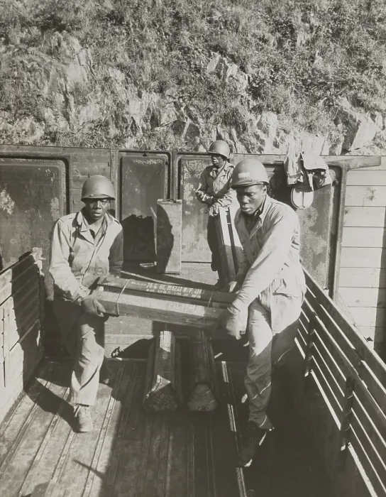 Framed Print : African American ammunition handlers unloading shells for the Battle of Brest in France. Sept. 12, 1944. World War 2. (BSLOC_2014_10_228)