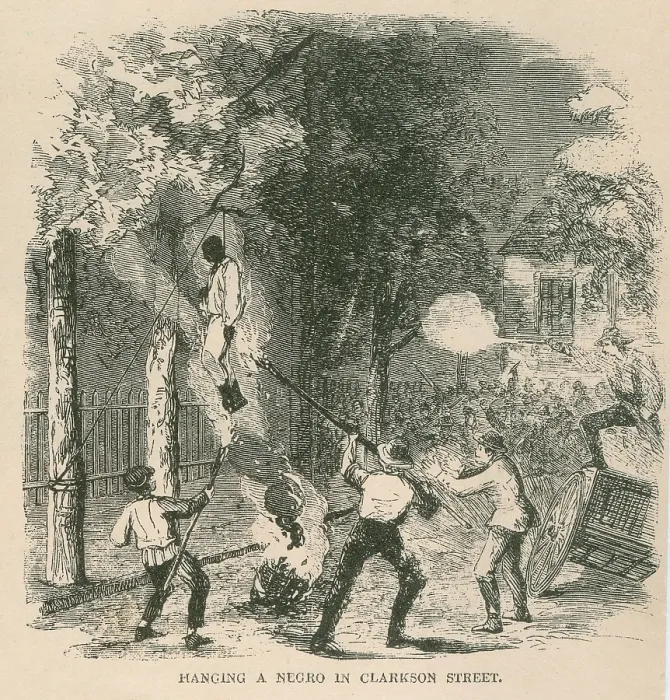 Framed Print : An African American was attacked by a mob of 400 and then hung from a tree and set alight on Clarkson Street during the New York City Draft Riots of July 1863