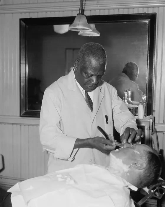 Framed Print : African American barber at the Senate Barbershop. Jan. 5, 1937. Senator Fred Brown gets a shave before FDR's address to Congress. (BSLOC_2013_7_139)
