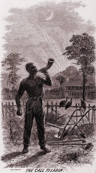 Framed Print : African American blowing the wake-up call for the cotton workers on a Southern plantation in 1867, two years after the end of the U.S. Civil War