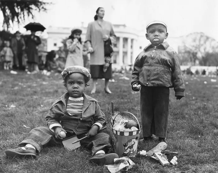 Framed Print : African American boys with an Easter basket at the Annual White House Easter Egg Roll. April 6, 1953. - (BSLOC_2014_14_36) Framed Print : African American boys with an Easter basket at the Annual White House Easter Egg Roll. April 6, 1953. - (BSLOC_2014_14_36)