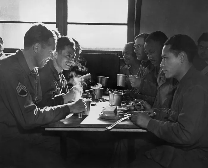 Framed Print : African American, Chinese, Puerto Rican, and White US soldiers eating together in a mess hall. They are all serving at the Army Quartermaster Supply Depot in England. 1944