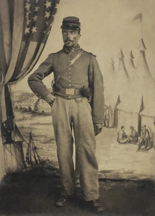 Framed Print : African American Civil War soldier in Union artillery jacket with shoulder scales, 1863-65