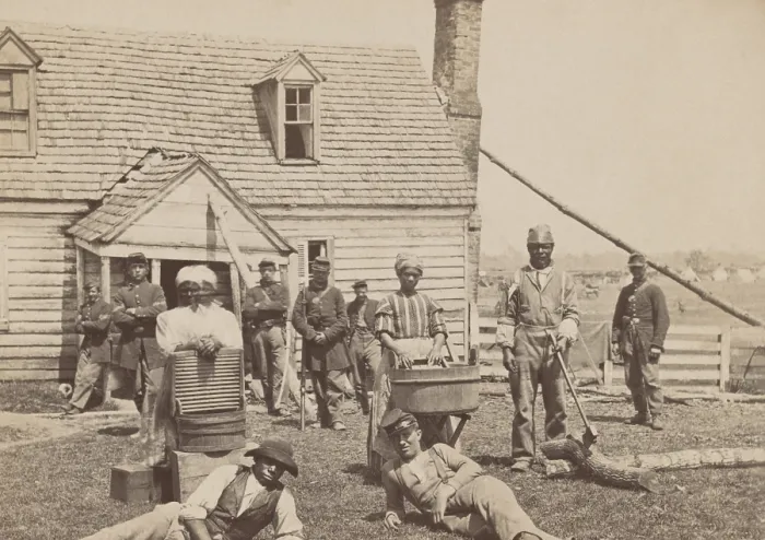 Framed Print : African American contrabands and Union soldiers at General Lafayettes headquarters near Williamsburg Road, VA, May 1862