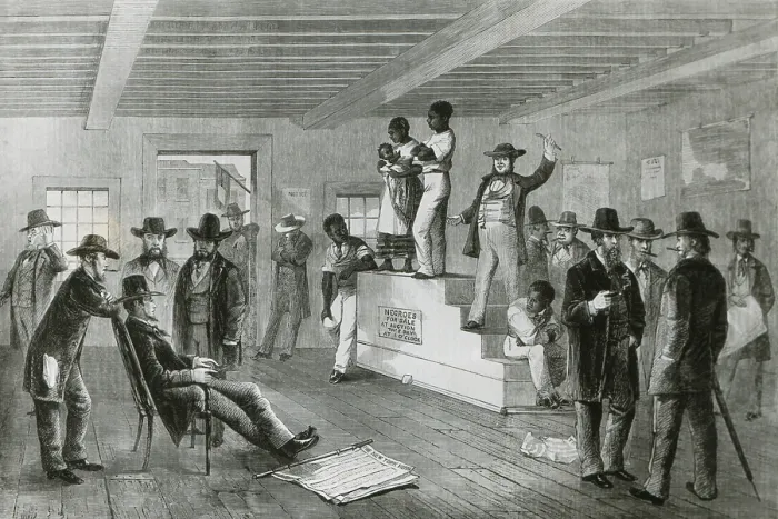 Framed Print : African American family for sale at a slave auction in Virginia, 1861. Wood engraving made after an eye-witness drawing