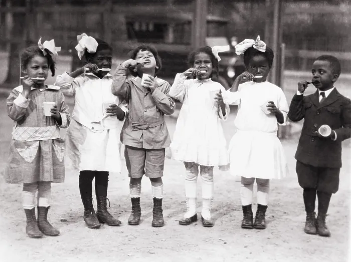 Framed Print : African American first graders learn to brush their teeth at the Miner Normal School near Washington, D.C. ca. 1910