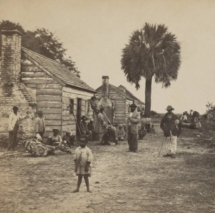 Framed Print : African American freedmen outside their living quarters on Fripp plantation on Saint Helena Island, SC, 1863-66 Framed Print : African American freedmen outside their living quarters on Fripp plantation on Saint Helena Island, SC, 1863-66