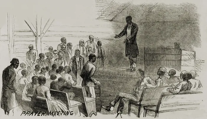 Framed Print : African American freedmen in a prayer meeting after the end of the U.S. Civil War Framed Print : African American freedmen in a prayer meeting after the end of the U.S. Civil War
