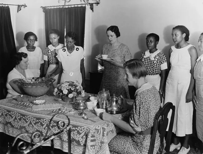Framed Print : African American girls in a WPA training program, ca. 1937. At a National Youth Administration event, they serve a tea for the Phoenix Recreation Dept Framed Print : African American girls in a WPA training program, ca. 1937. At a National Youth Administration event, they serve a tea for the Phoenix Recreation Dept