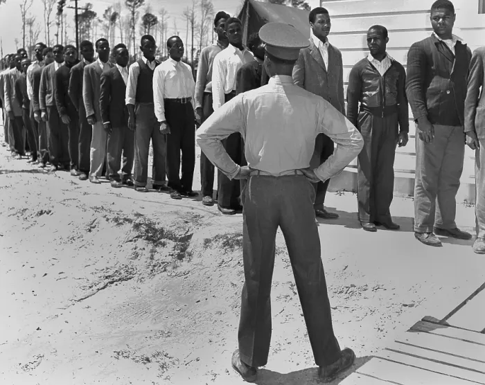 Framed Print : African American Marine recruits line up to begin basic training