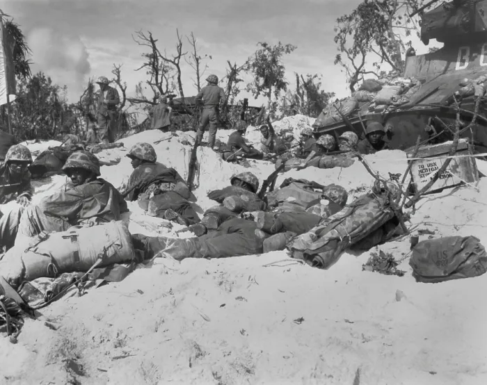 Framed Print : African American Marines move through the trenches on the beach during the Battle of Peleliu. Sept. 15, 1944 during World War 2. (BSLOC_2013_14_239)