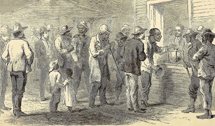 Framed Print : African American men vote publically by placing their ballot in the glass jar of their chosen candidate, 1867