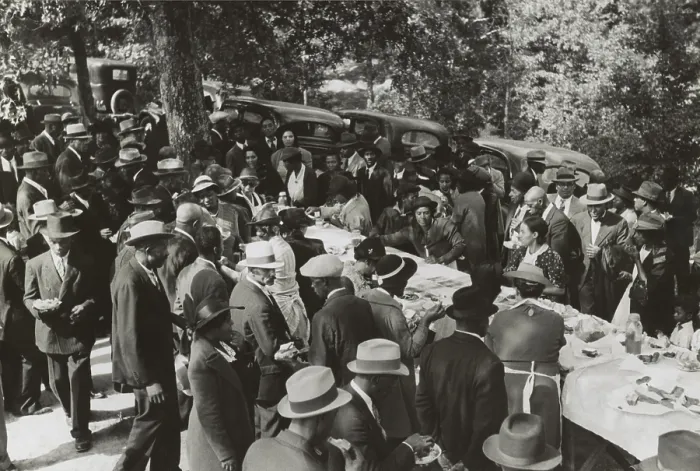 Framed Print : African American men and women gathered around a picnic table. Near Yanceyville, NC. Oct. 1940