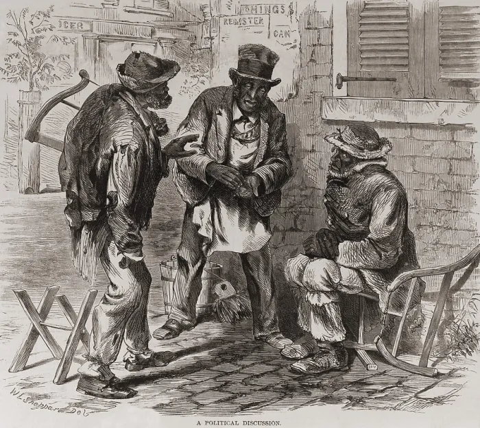 Framed Print : African American have a political discussion on a street in the American South, 1869. The Illustration appeared in Harper's Weekly, Nov Framed Print : African American have a political discussion on a street in the American South, 1869. The Illustration appeared in Harper's Weekly, Nov