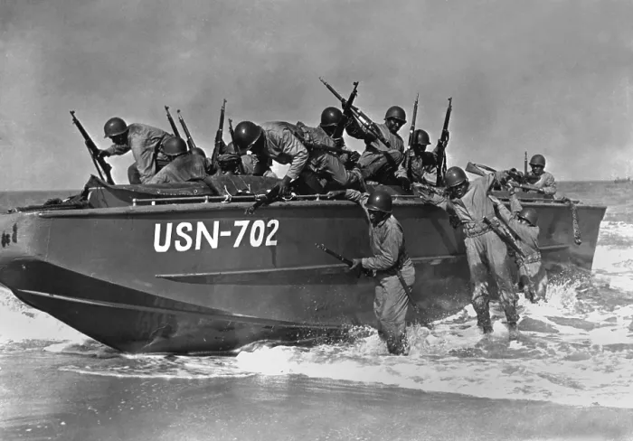 Framed Print : African American sailors training for amphibious landings at near Norfolk, Virginia, ca. 1942. They are Navy Seabees, members of Naval Construction Battalions during World War 2