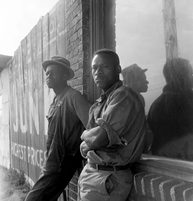 Framed Print : African American seasonal cotton workers waiting in hopes of being hired for a day of chopping cotton, field work hoeing out weeds