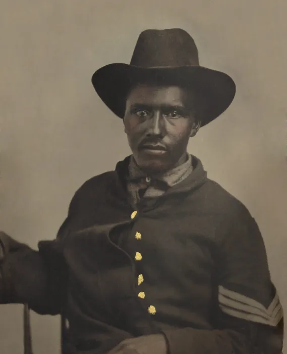 Framed Print : African American soldier in Union sergeants uniform, during the US Civil War, c. 1863-65 (BSLOC_2018_6_191) Framed Print : African American soldier in Union sergeants uniform, during the US Civil War, c. 1863-65 (BSLOC_2018_6_191)