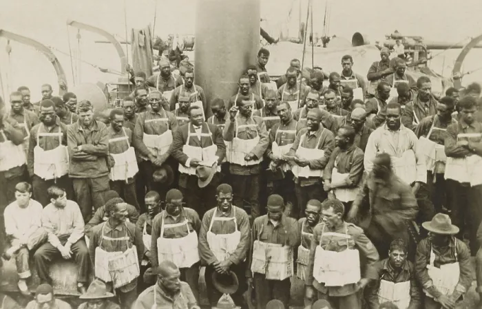 Framed Print : African American soldiers aboard the Army transport USS Momus, enroute to Europe in WW1. Their ship is in the danger zone, where German submarines patrol