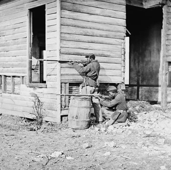 Framed Print : African American soldiers aim their rifles at a picket station near Dutch Gap Canal, Virginia. Nov. 1864