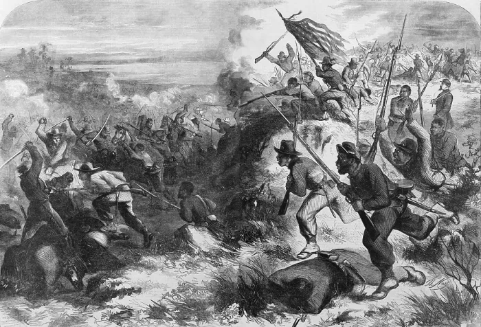 Framed Print : African American soldiers in a Civil War battle against their former masters, as imagined by artist Thomas Nast in March 1863 Framed Print : African American soldiers in a Civil War battle against their former masters, as imagined by artist Thomas Nast in March 1863