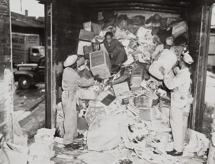 Framed Print : African American soldiers loading trash on a freight car during World War 2. Many Blacks were assigned to non-combat, racially segregated, service battalions (BSLOC_2013_14_227)