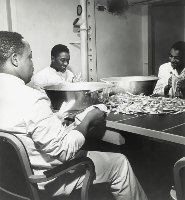 Framed Print : African American steward mates dry silverware in the wardroom of the U.S.S. Ticonderoga Framed Print : African American steward mates dry silverware in the wardroom of the U.S.S. Ticonderoga