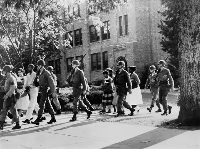 Framed Print : African-American students leaving Central High School under military escort, Little Rock, Arkansas. Sept.- Oct. 1957