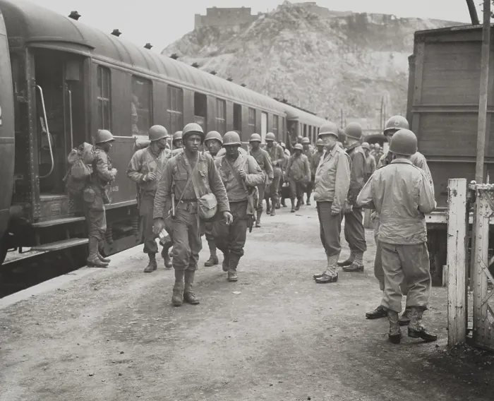 Framed Print : African American troops arriving in Cherbourg, France. July 31, 1944. World War 2. (BSLOC_2014_10_233)