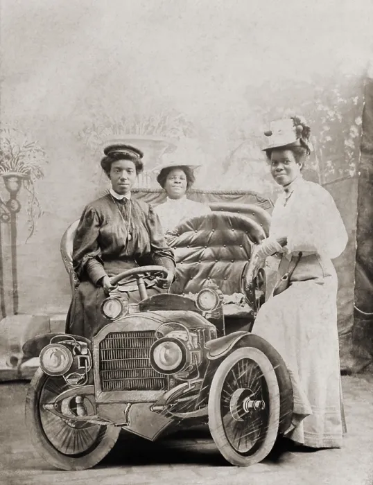 Framed Print : Three African-American women posed with studio prop automobile, c. 1905-1915 Framed Print : Three African-American women posed with studio prop automobile, c. 1905-1915