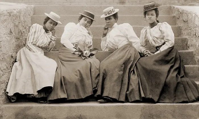 Framed Print : Four African American women students seated on steps of building at Atlanta University, Georgia. Ca. 1899 Framed Print : Four African American women students seated on steps of building at Atlanta University, Georgia. Ca. 1899
