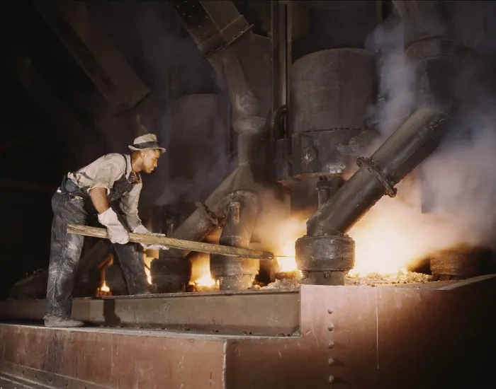 Framed Print : African American worker at an electric phosphate smelting furnace used to make elemental phosphorus for the World War II munitions Framed Print : African American worker at an electric phosphate smelting furnace used to make elemental phosphorus for the World War II munitions