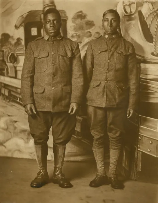 Framed Print : African American World War I Infantry soldiers, standing in front of photographers backdrop. C. 1916-1918 (BSLOC_2016_13_131.jpg )