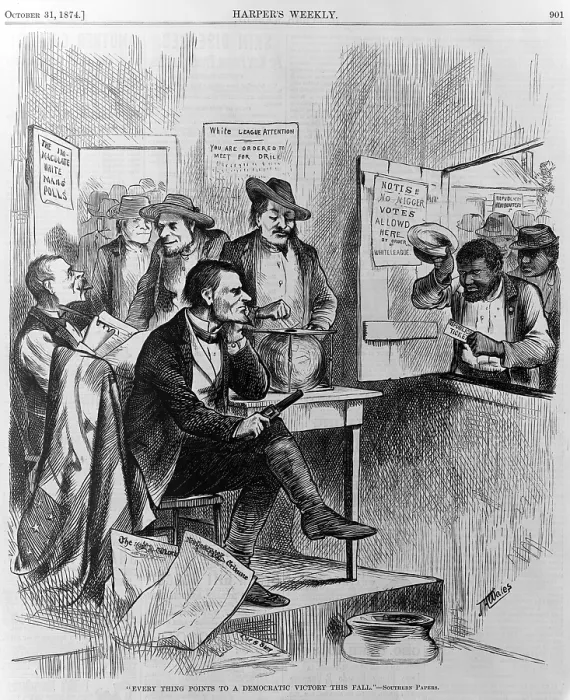 Framed Print : African Americans being discriminated against at the polls by members of the White League. Cartoon, 1874