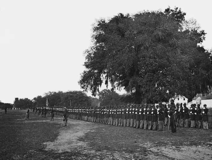 Framed Print : African Americans soldiers of the 29th Regiment from Connecticut perform drill at Beaufort, South Carolina in 1864. Photo by Sam A. Cooley