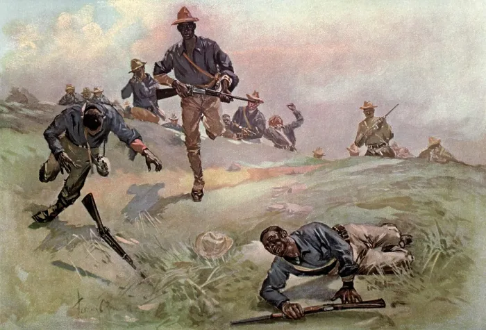 Framed Print : African Americans of Troop C, Ninth US Cavalry, with Capt. Taylor, leading the charge. In the background is the blockhouse at San Juan Heights Framed Print : African Americans of Troop C, Ninth US Cavalry, with Capt. Taylor, leading the charge. In the background is the blockhouse at San Juan Heights