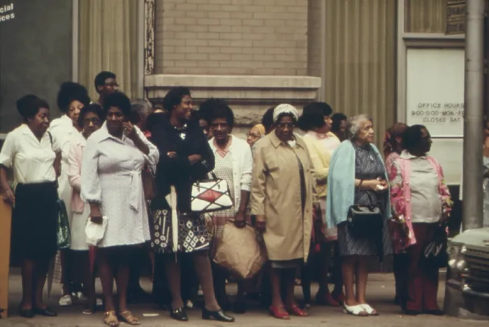 Framed Print : African Americans mostly women waiting for the city bus in Atlanta Georgia. Ca. 1975