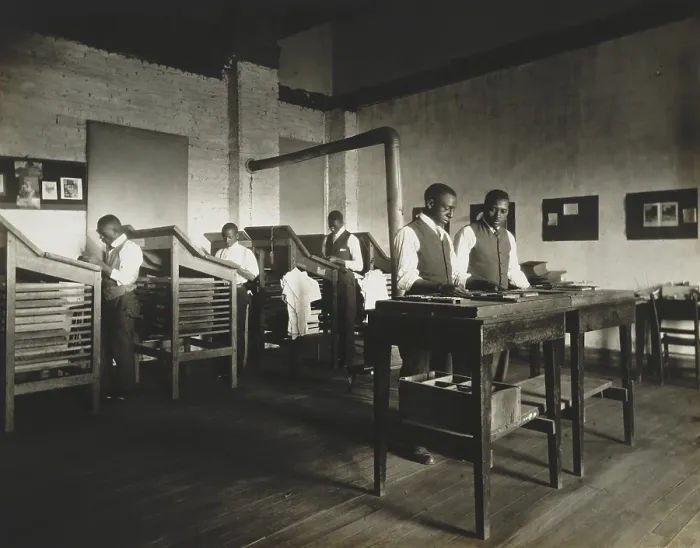 Framed Print : African Americans working as printing typesetters, at Tuskegee Institute, c. 1910-25. The college stressed practical occupational skills