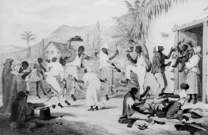 Framed Print : Afro-Caribbean slaves dancing in Trinidad, drawn by Englishman Richard Bridgens, who created many drawings of slave life in Trinidad, ca. 1833
