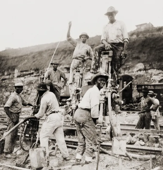Framed Print : Afro-Panamanian construction workers boring through rock with tripod drills during the construction of the Upper Miraflores locks in 1910 Framed Print : Afro-Panamanian construction workers boring through rock with tripod drills during the construction of the Upper Miraflores locks in 1910