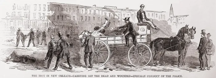 Framed Print : Aftermath of riot in New Orleans, July 30, 1866. Carrying off the dead and wounded. 34 blacks and 3 white Radicals were killed (BSLOC_2019_6_6)
