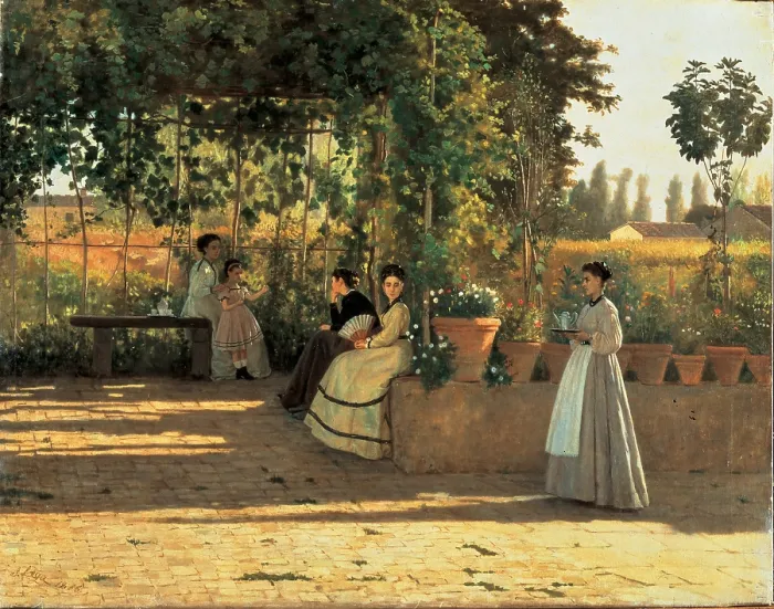 Framed Print : One Afternoon (or The Pergola), by Silvestro Lega, 1866 about, 19th Century, oil on canvas, cm 75 x 93, 5 - Italy, Lombardy, Milan, Brera Art Gallery. All