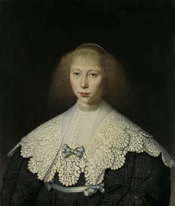 Framed Print : Agatha Geelvinck, Wife of Frederik Alewijn, by Dirck van Santvoort, 1637-40, Dutch oil painting, She wears an extravagant large lace collar over her black dress (BSLOC_2016_3_73) Framed Print : Agatha Geelvinck, Wife of Frederik Alewijn, by Dirck van Santvoort, 1637-40, Dutch oil painting, She wears an extravagant large lace collar over her black dress (BSLOC_2016_3_73)