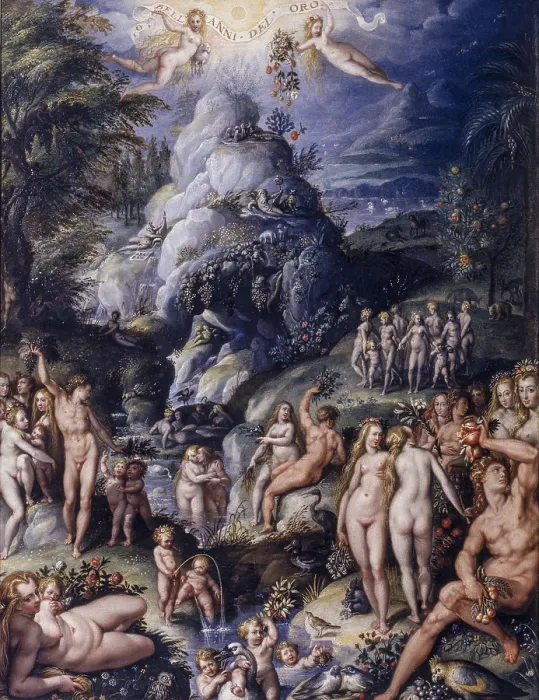 Framed Print : The Age of Gold (L'Et dell'oro), by Jacopo Zucchi, 1570, 16th Century, oil on board, 50 x 39 cm - Italy, Tuscany, Florence, Uffizi Gallery. Whole artwork view