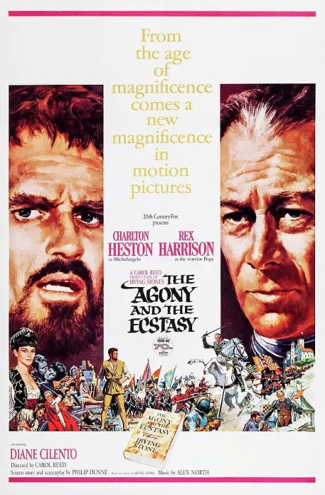 Framed Print : THE AGONY AND THE ECSTASY, top l-r: Charlton Heston, Rex Harrison, bottom: Diane Cilento on poster art, 1965