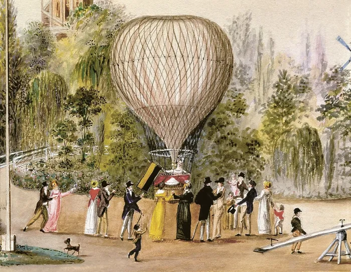 Framed Print : Air balloon in the RosembaumschergartenVienna (19th c.). Watercolour. AISA / Everett Collection (27306)**US SALES ONLY**