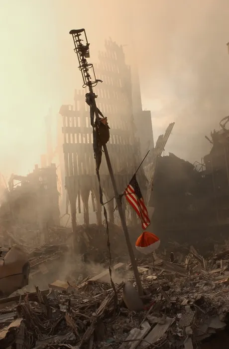 Framed Print : The airplane alert antenna sits amidst the rubble of the World Trade Center, Sept 13, 2001